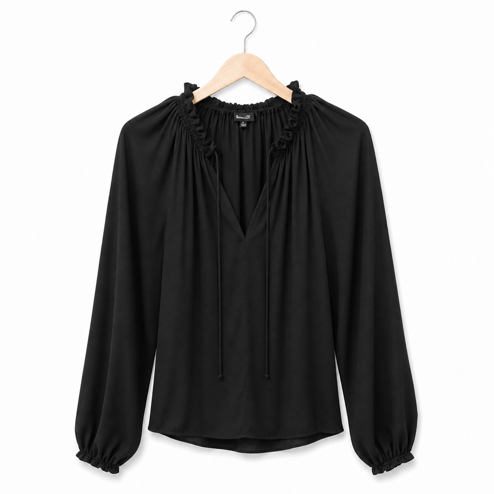 Madewell Top Womens Size Small Black Tie Neck Long Sleeve Semi-Sheer Ruffle NWT